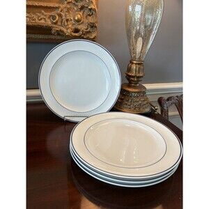 R6L1 by Royal Limoges Dinner Plates France Blue & White Trim with Verge Set of 4